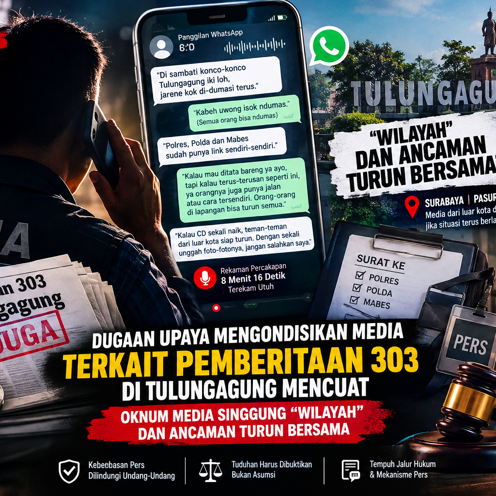 Dugaan Upaya Mengondisikan Media Terkait Pemberitaan 303 di Tulungagung Mencuat, Oknum Media Singgung “Wilayah” dan Ancaman Turun Bersama